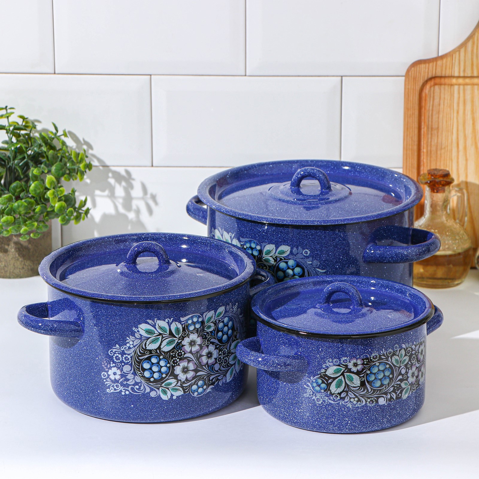 Изображение товара Набор посуды 3 предмета Стальэмаль Голубика 4473397 эмалированная сталь цвет синий
