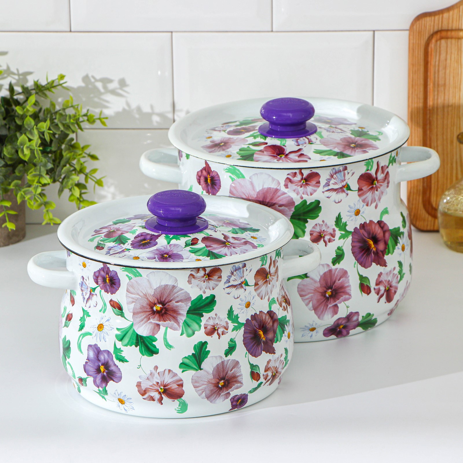 Изображение товара Набор посуды 2 предмета Анютины глазки эмалированная сталь белый Рходство