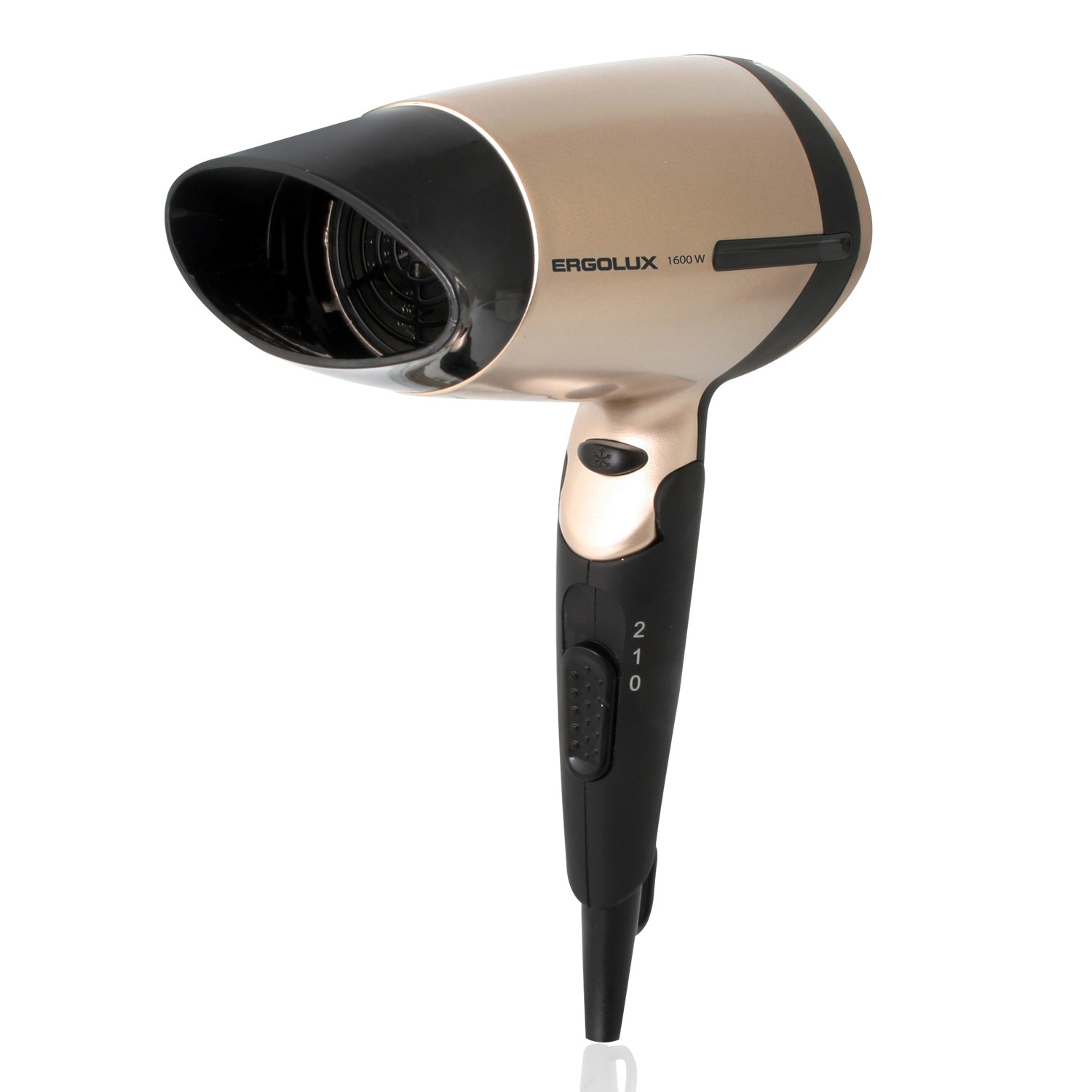 Изображение товара Фен Ergolux Pro ELX-HD02-C64 со складной ручкой мощностью 1600 Вт черный золотой