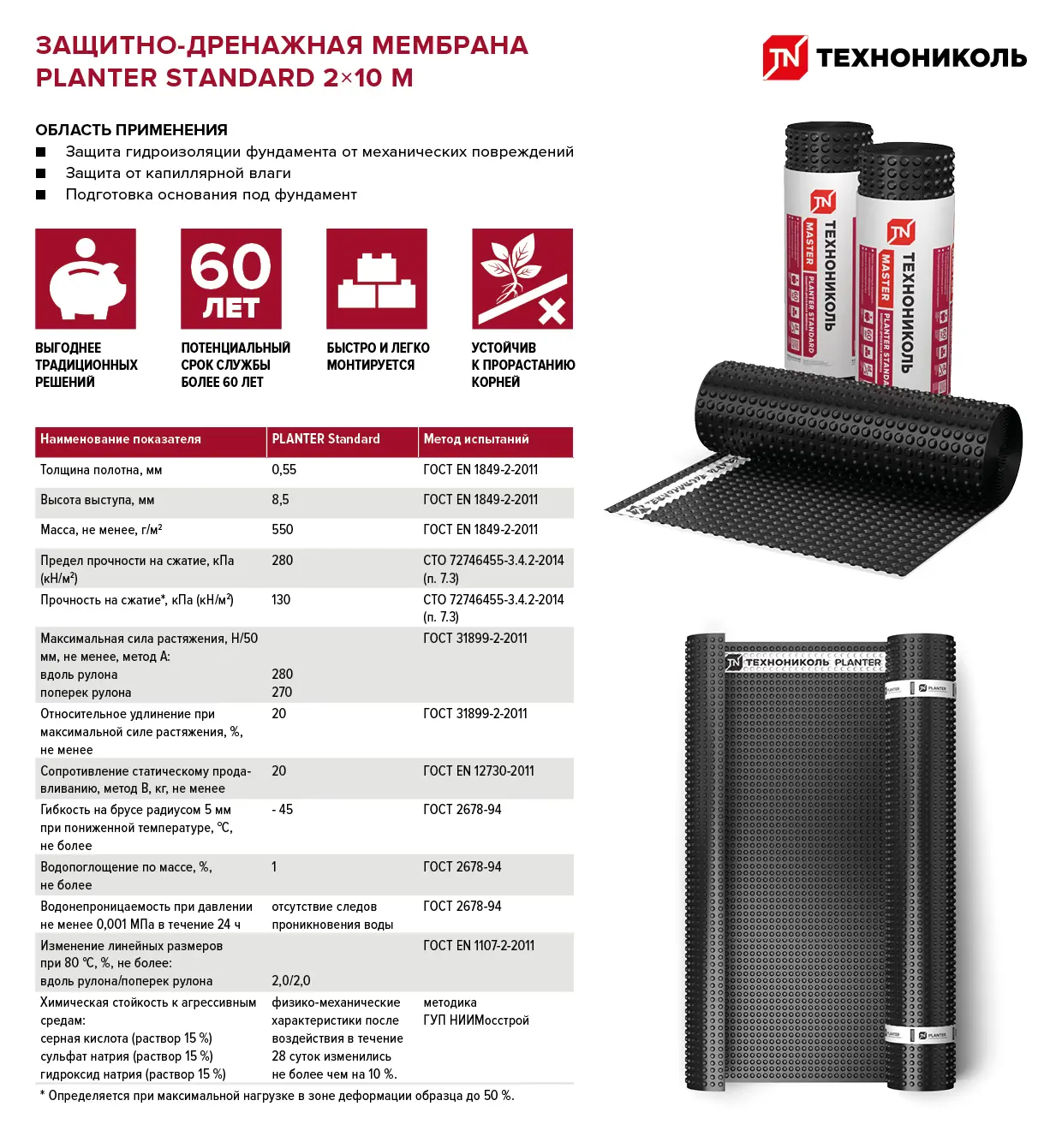 Защитно-дренажная мембрана профилированная Технониколь Planter Standard 10x2 м 20 м² - 1