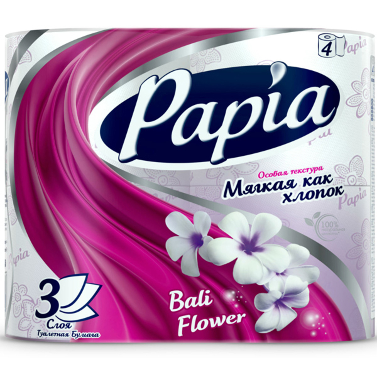 Изображение товара Туалетная бумага Papia белая Bali Flower и рисунком трёхслойная 4 шт Изображение товара Туалетная бумага Papia белая Bali Flower и рисунком трёхслойная 4 шт