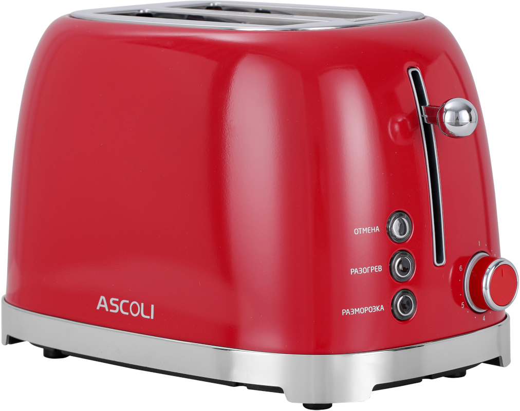 Изображение товара Тостер Ascoli AT-330CR красный 2 ломтика металлик с функциями разморозки и автоматического центриро
