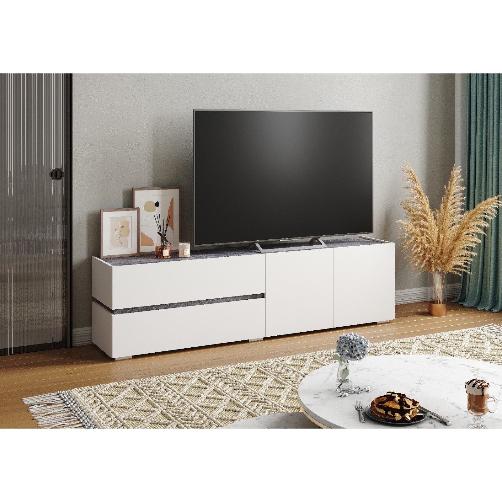 Изображение товара Тумба под телевизор Клик мебель 9918462 180x49x37 см ЛДСП цвет белый/бетон