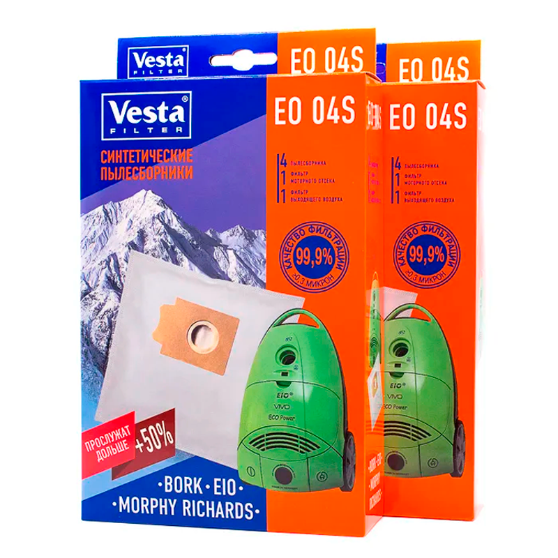 Изображение товара Мешки синтетические для пылесоса Vesta filter Eo04s2 8 штук 4 фильтра