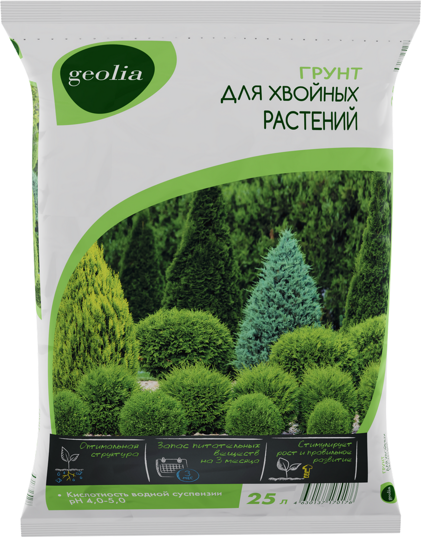 Изображение товара Грунт Geolia для хвойных растений 25 л, питательный и кислотолюбивый Изображение товара Грунт Geolia для хвойных растений 25 л, питательный и кислотолюбивый