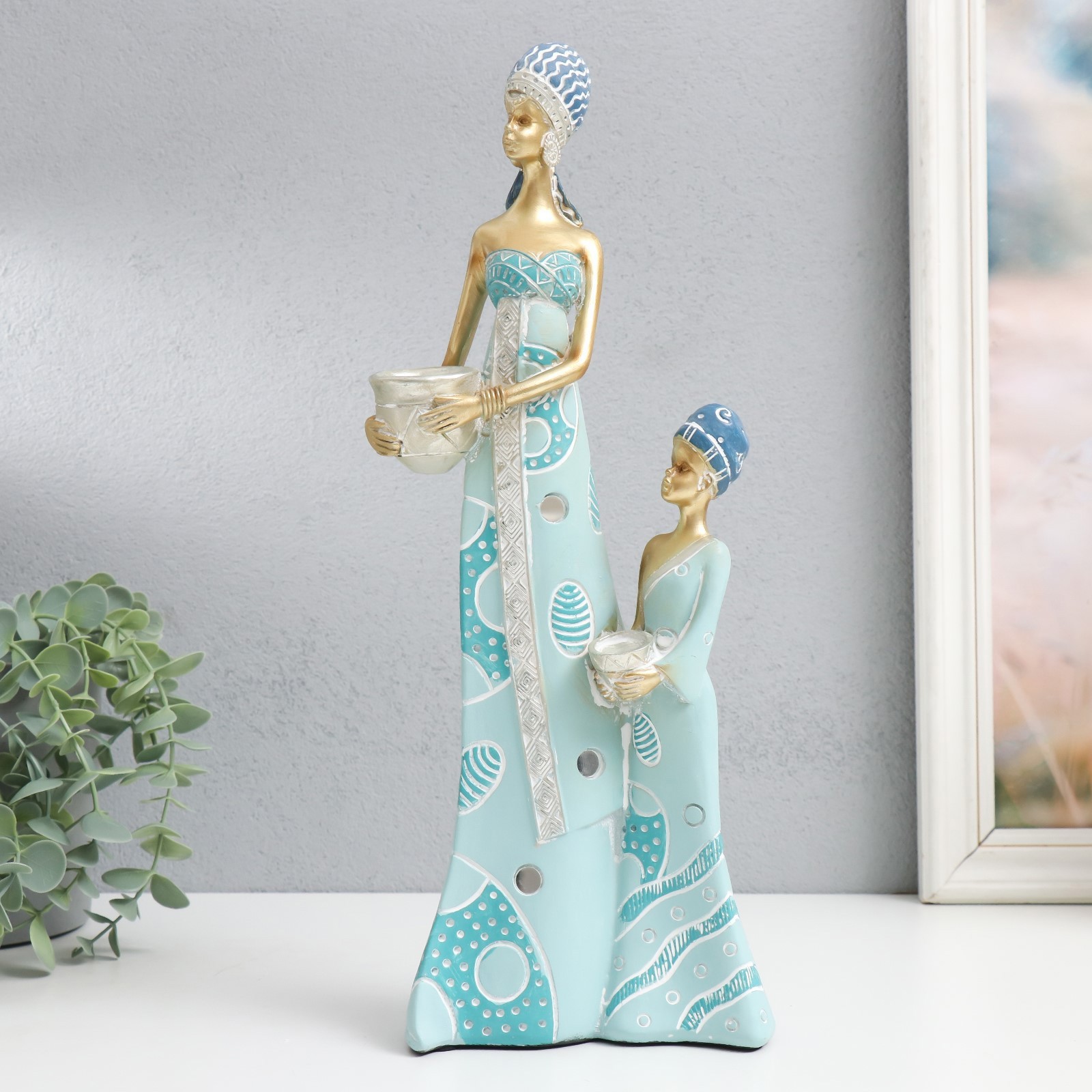 Изображение товара Сувенир "Африка - Мать и дочь с глиняной посудой" золото с голубым 15x8.5x36.5 см 95719