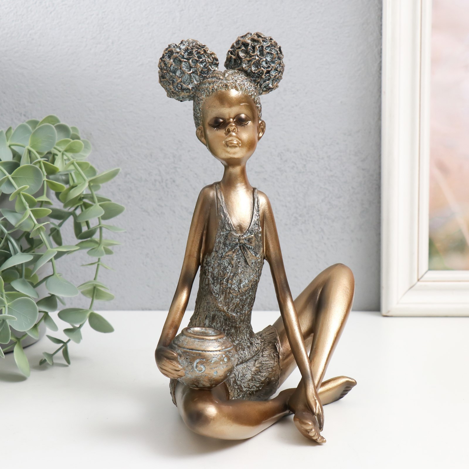 Изображение товара Сувенир "Девочка с кудрявыми хвостиками с кувшином" под бронзу 16.5x13.5x21 см