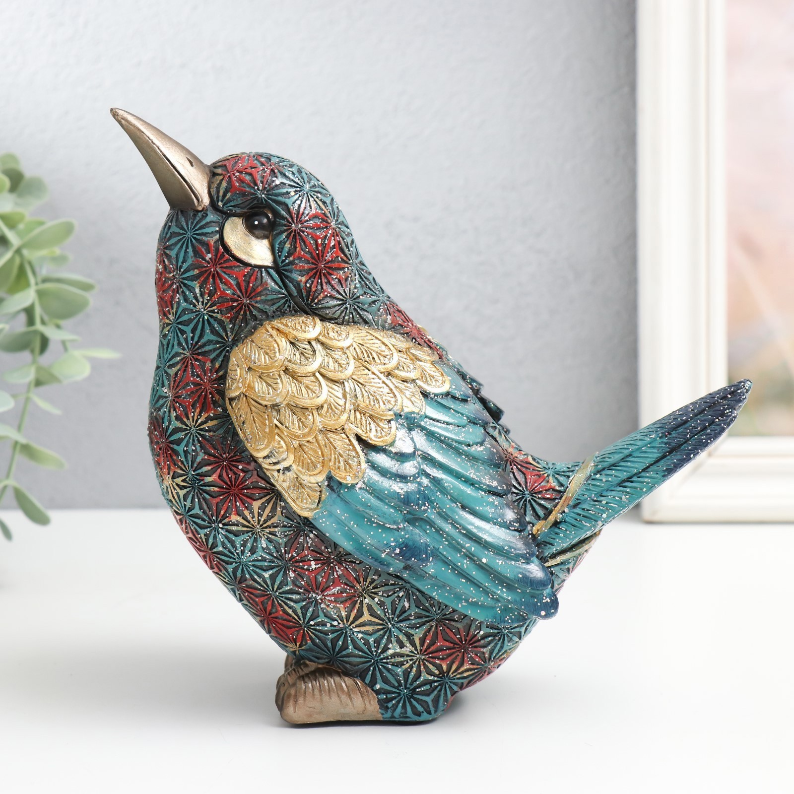 Изображение товара Сувенир "Птица сине-красные снежинки" блёстки 18.5x10x17 см