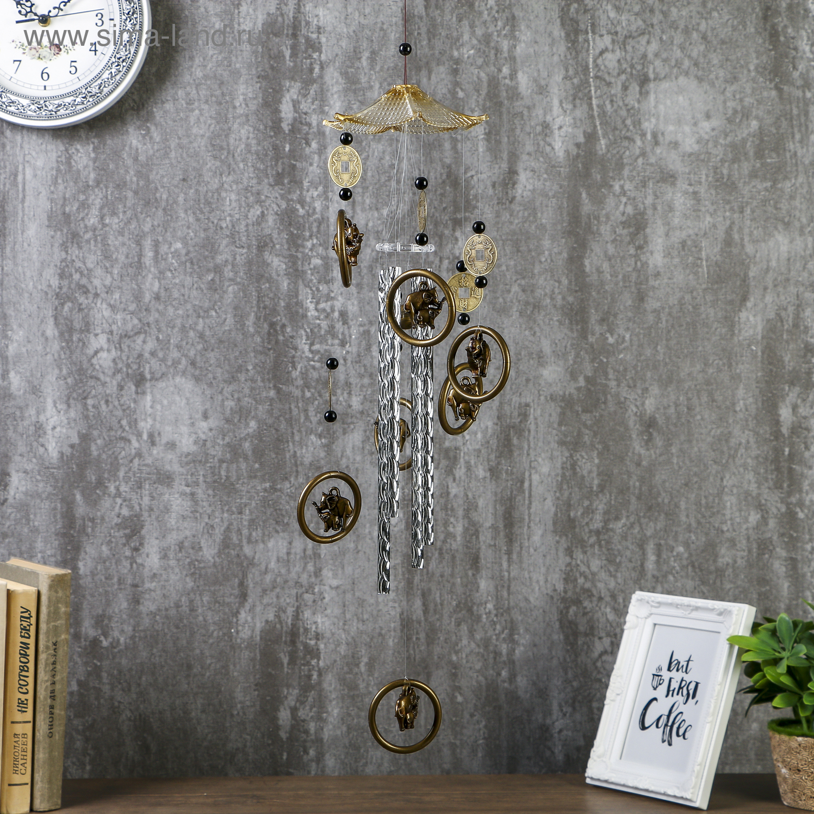 Изображение товара Музыка ветра "Слон в круге" 4 трубки 7 фигурок 70 см