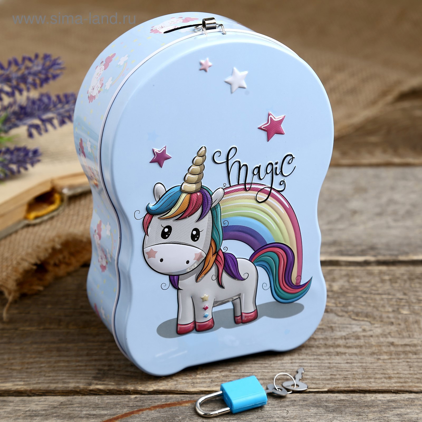 Изображение товара Копилка Единорожек 17x6x14, металл, синяя