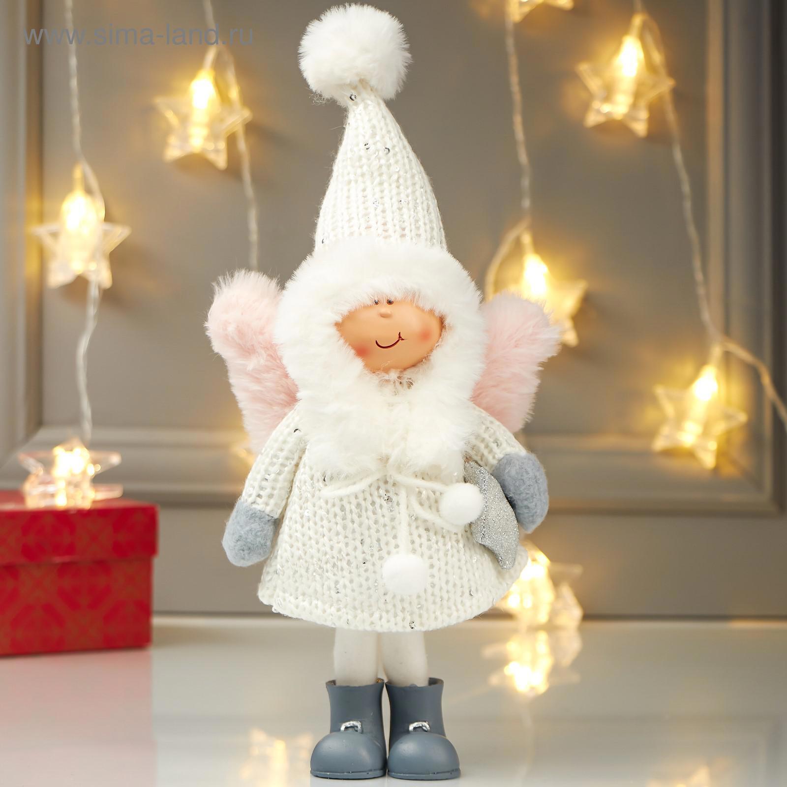 Изображение товара Кукла интерьерная "Ангелочек Еся в белом вязаном платье, с капюшоном-колпаком" 28x9x12 см