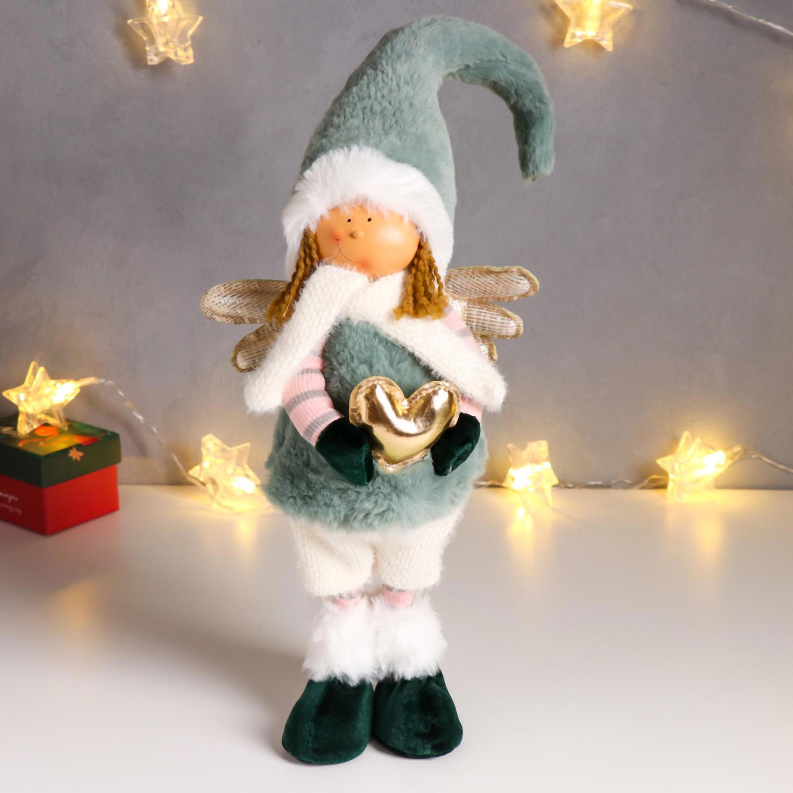 Изображение товара Кукла интерьерная "Ангелок в шубке и колпаке бирюзового цвета с сердцем" 56x11x14 см