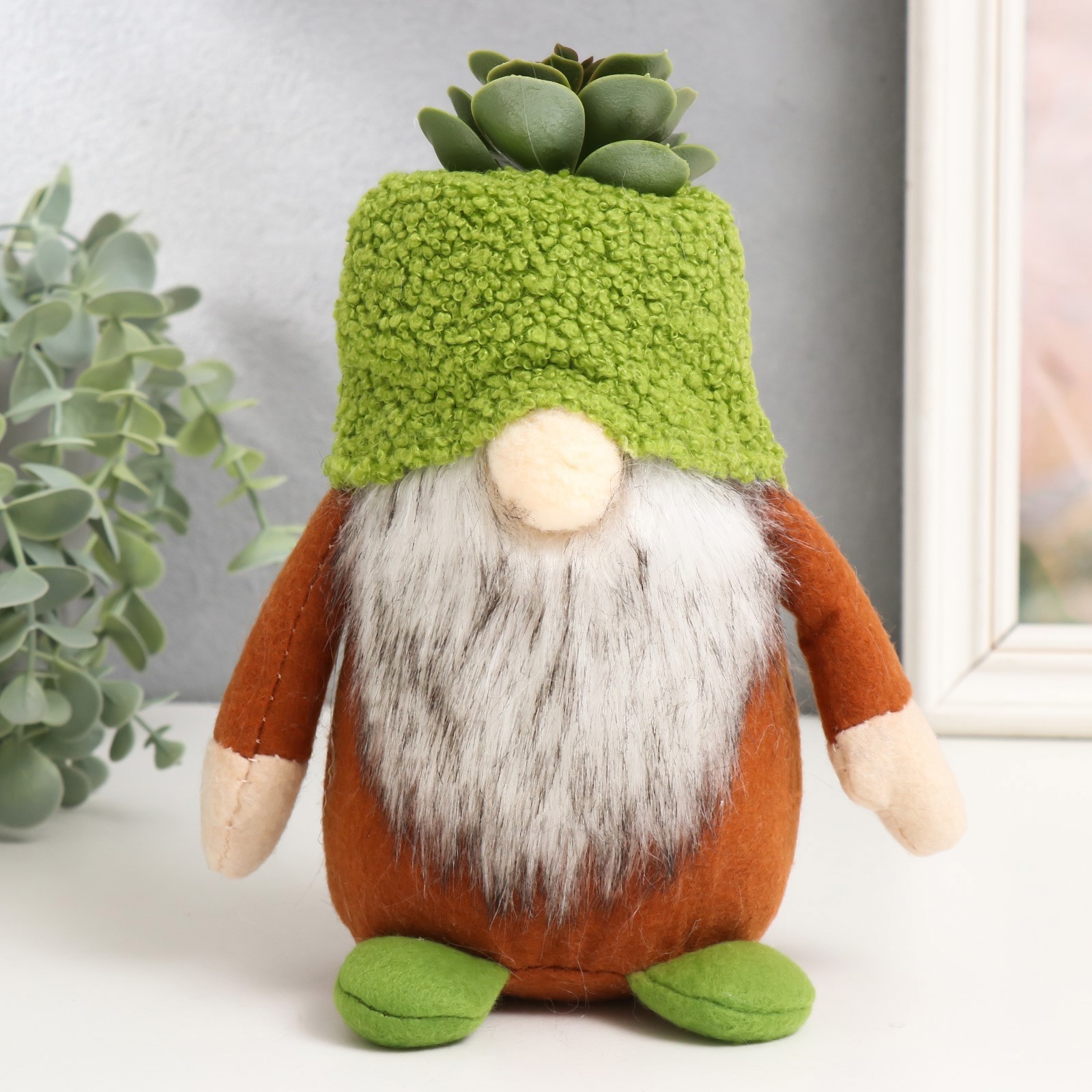 Изображение товара Кукла интерьерная "Гном с суккулентом на голове" 15x9x20 см