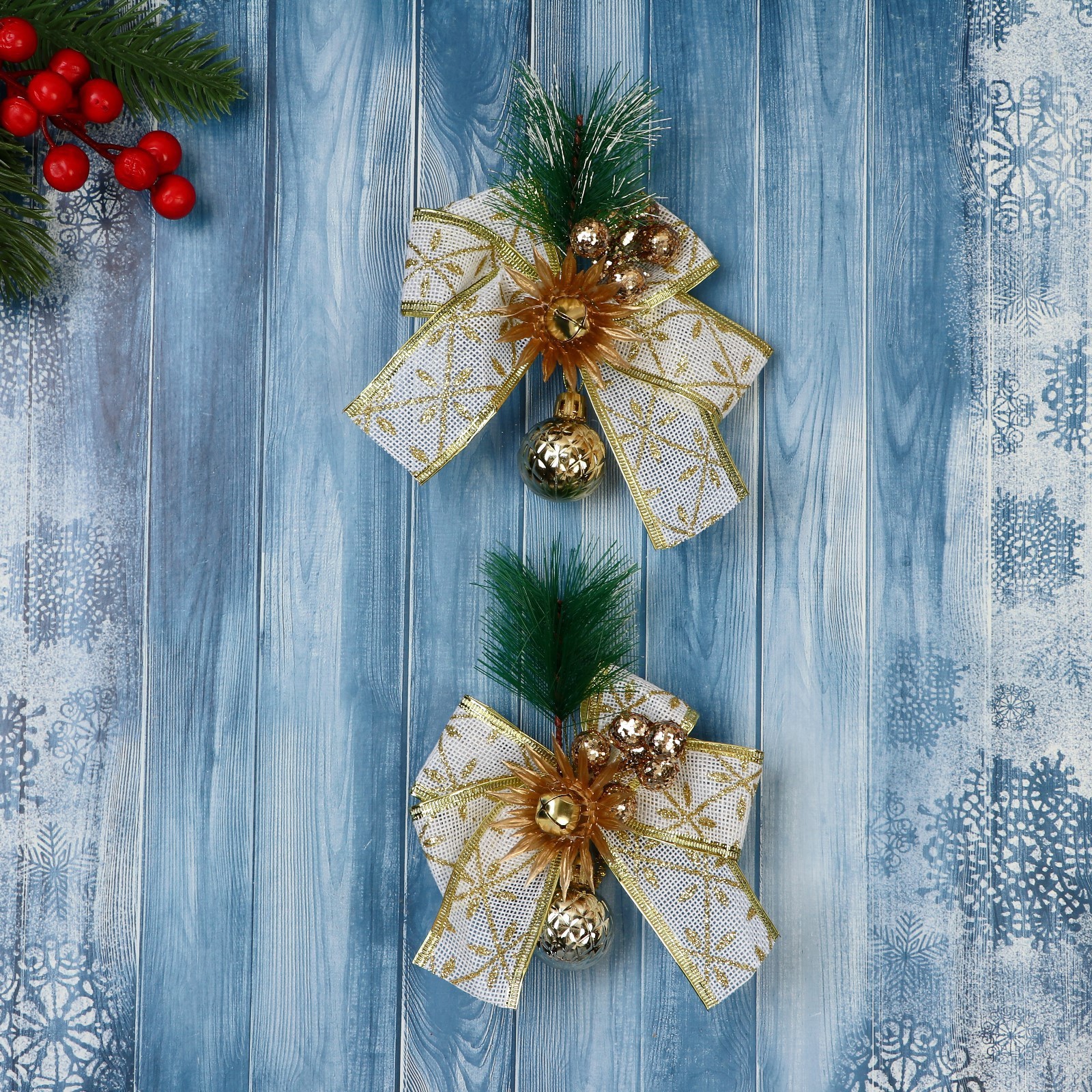 Изображение товара Набор елочных игрушек Еловая композиция Зимнее волшебство 2 шт 13х11 см бело-золотой