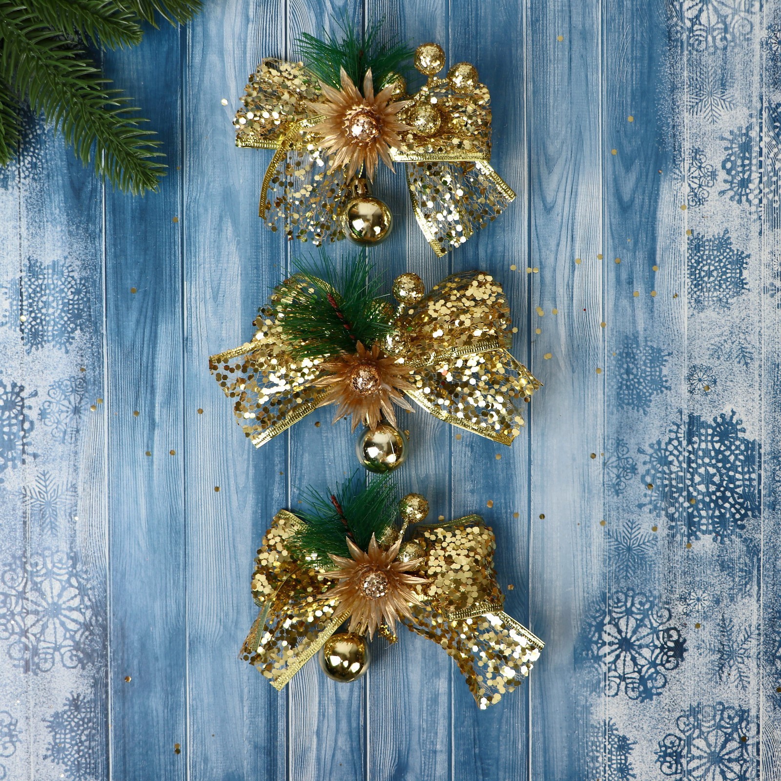 Изображение товара Набор елочных игрушек Еловая композиция Зимнее волшебство 3 шт 11х7 см золотой