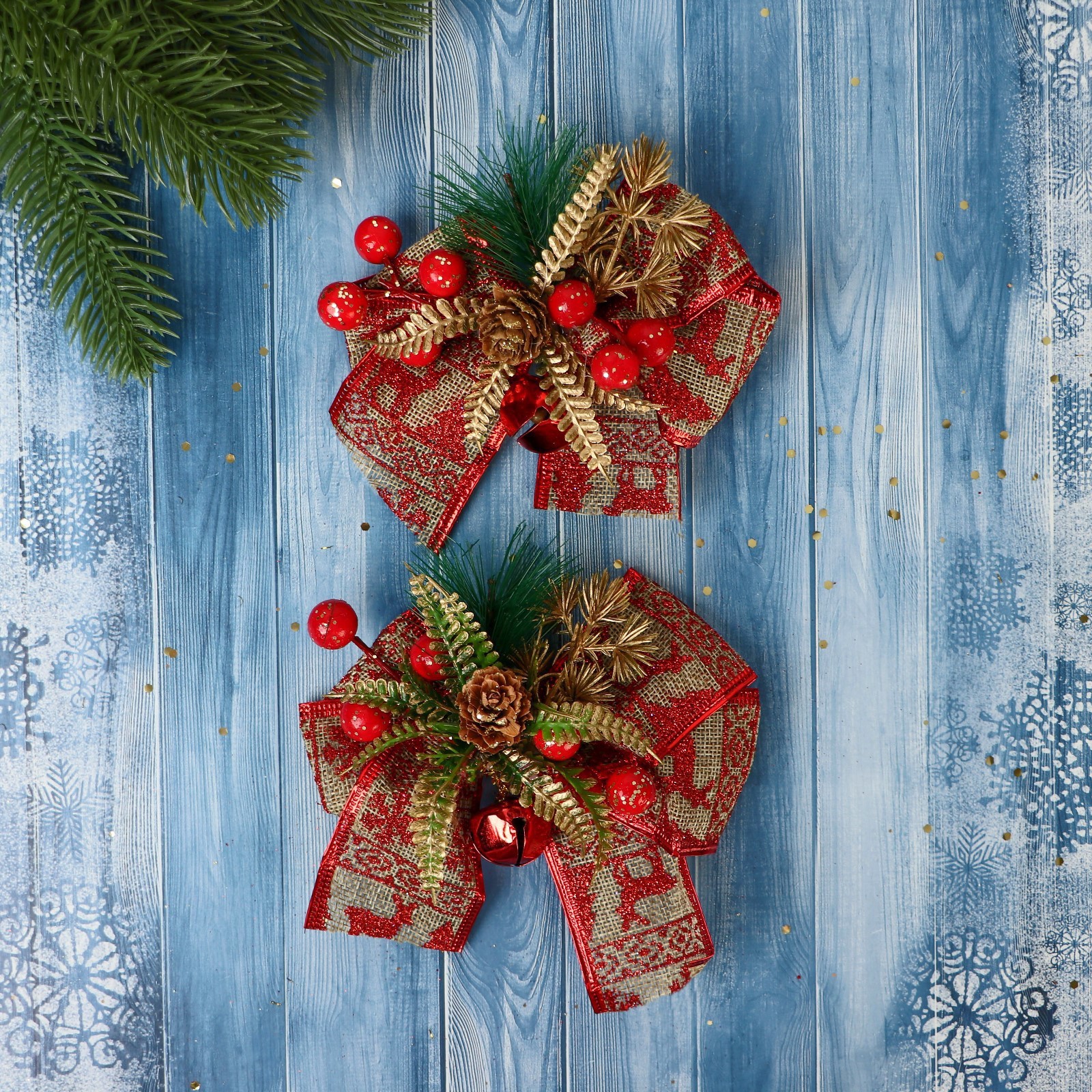 Изображение товара Набор елочных игрушек Еловая композиция Зимнее волшебство 2 шт в виде бантов цвет жёлтый золотой