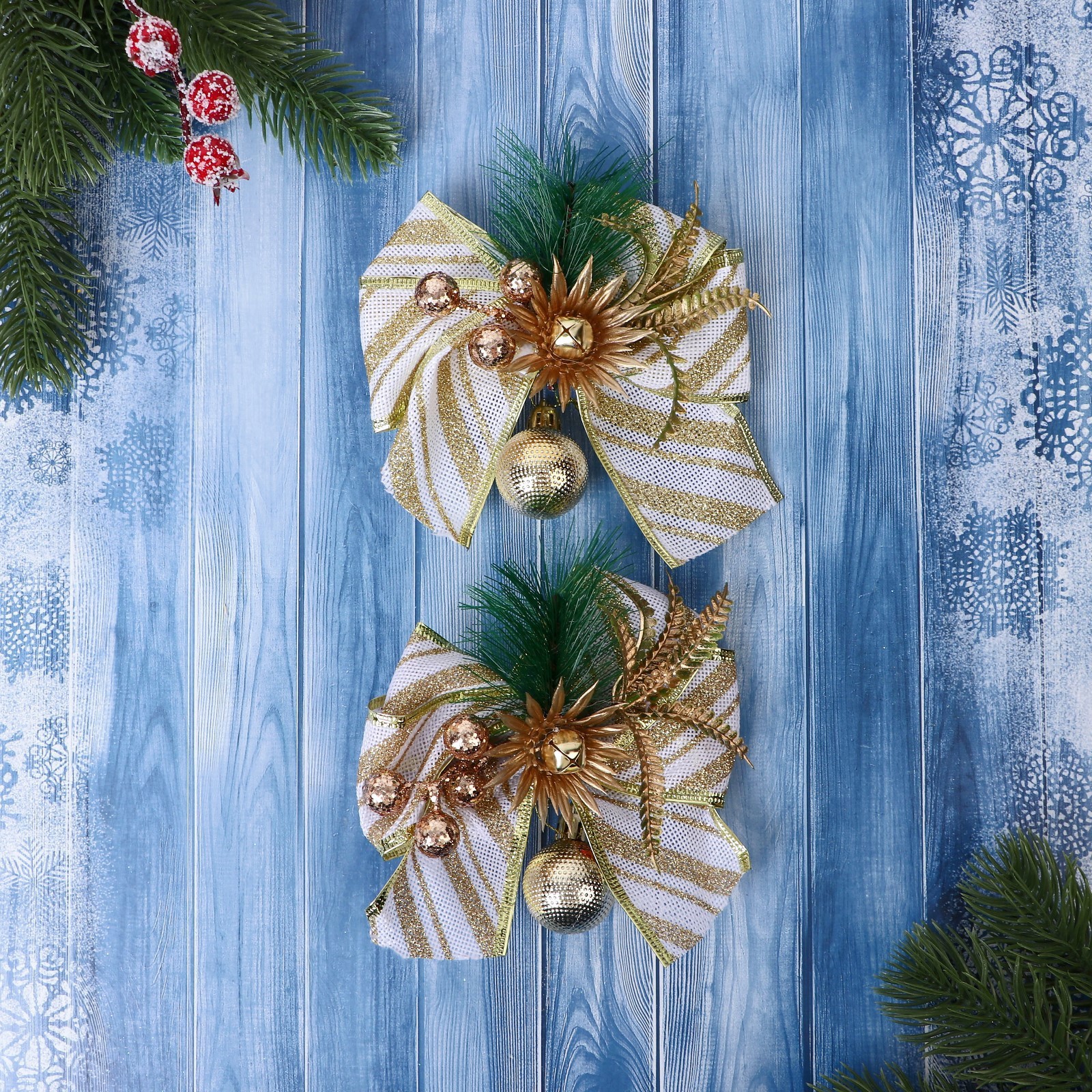 Изображение товара Набор елочных игрушек Еловая композиция Зимнее волшебство 2 шт бело-золотой 12х13 см