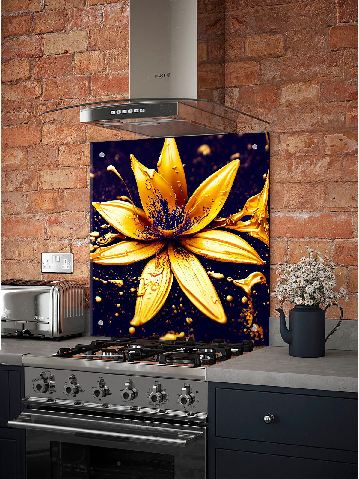 Изображение товара Стеновая панель Borntoprint Золотой цветок на черном 600x550x0.4 см закаленное стекло