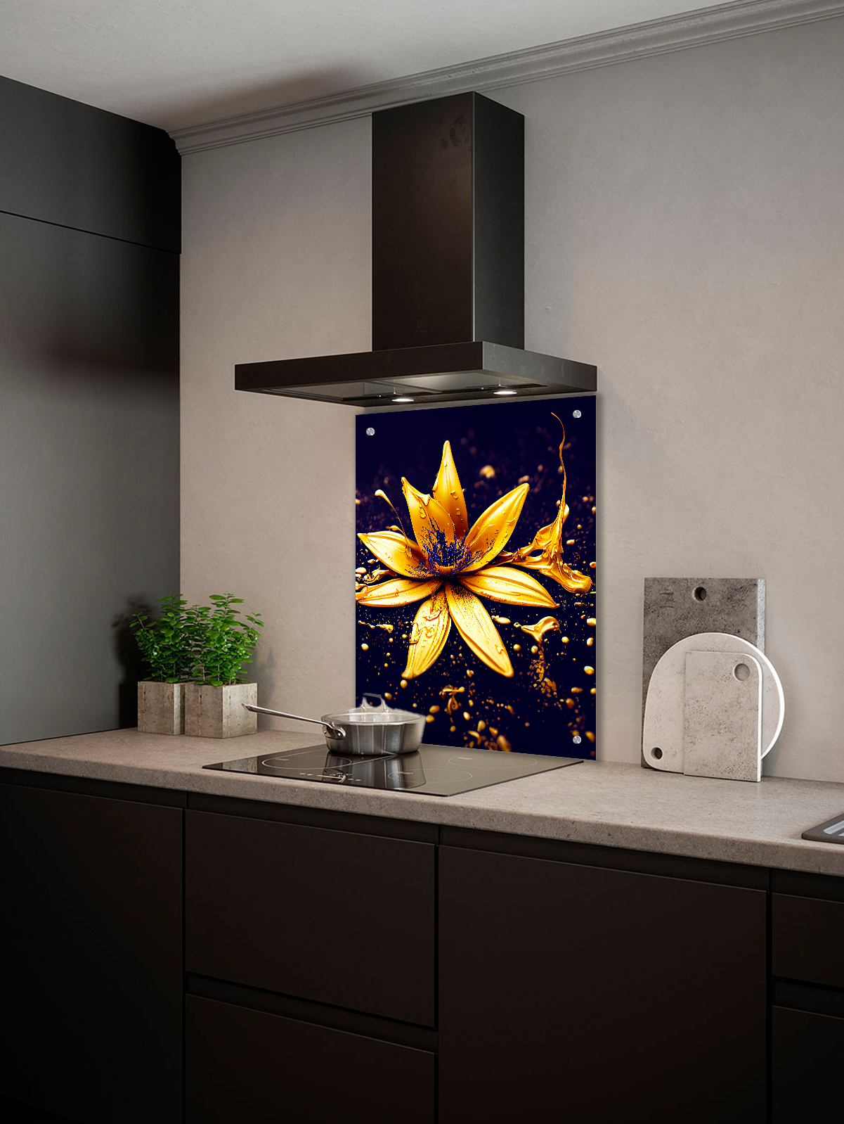 Изображение товара Стеновая панель Borntoprint Золотой цветок на черном 600x750x0.4 см закаленное стекло цвет черное золото