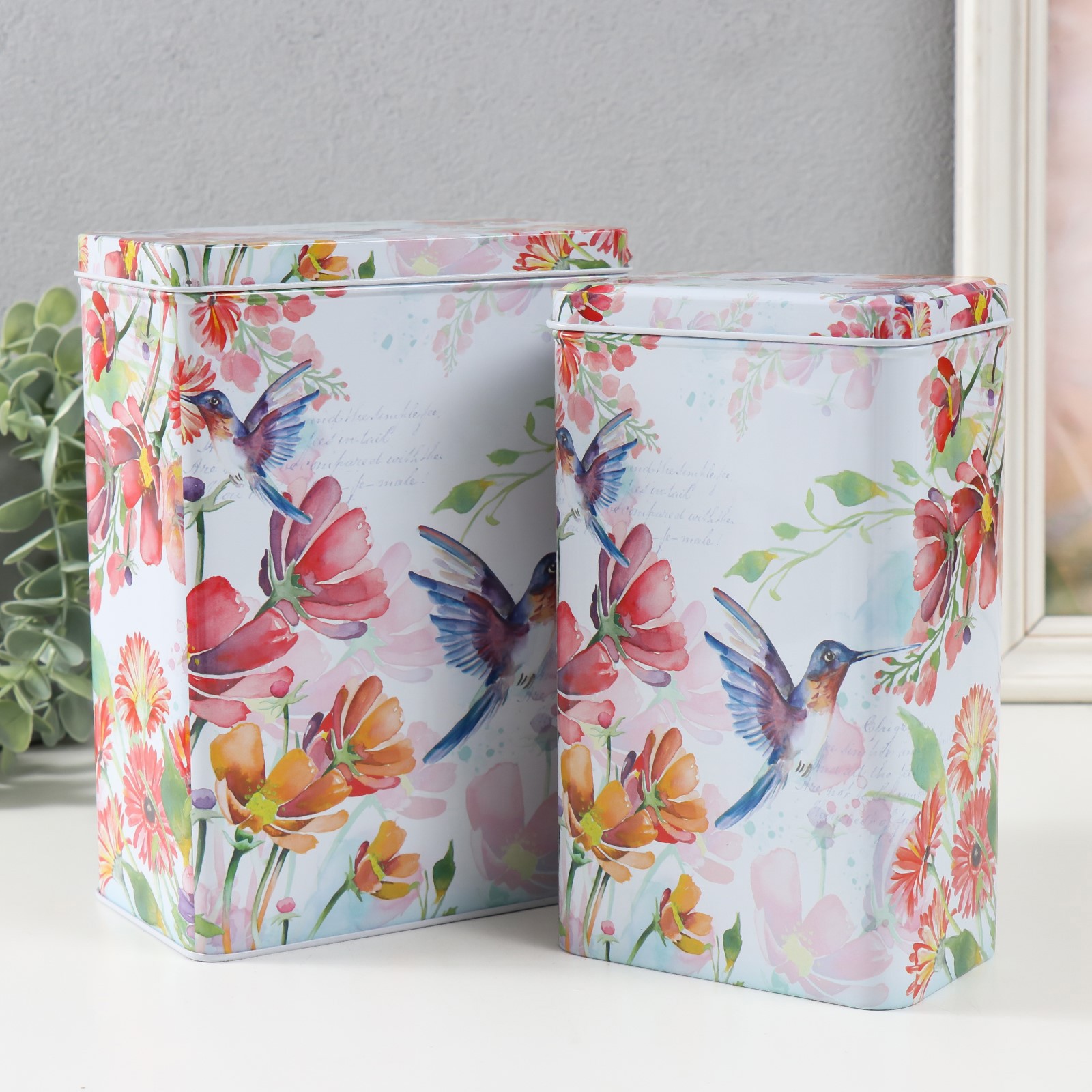 Изображение товара Шкатулка прямоугольная "Колибри в цветах" набор 2 шт 7x11x18.5 см и 8.5x14.5x20 см
