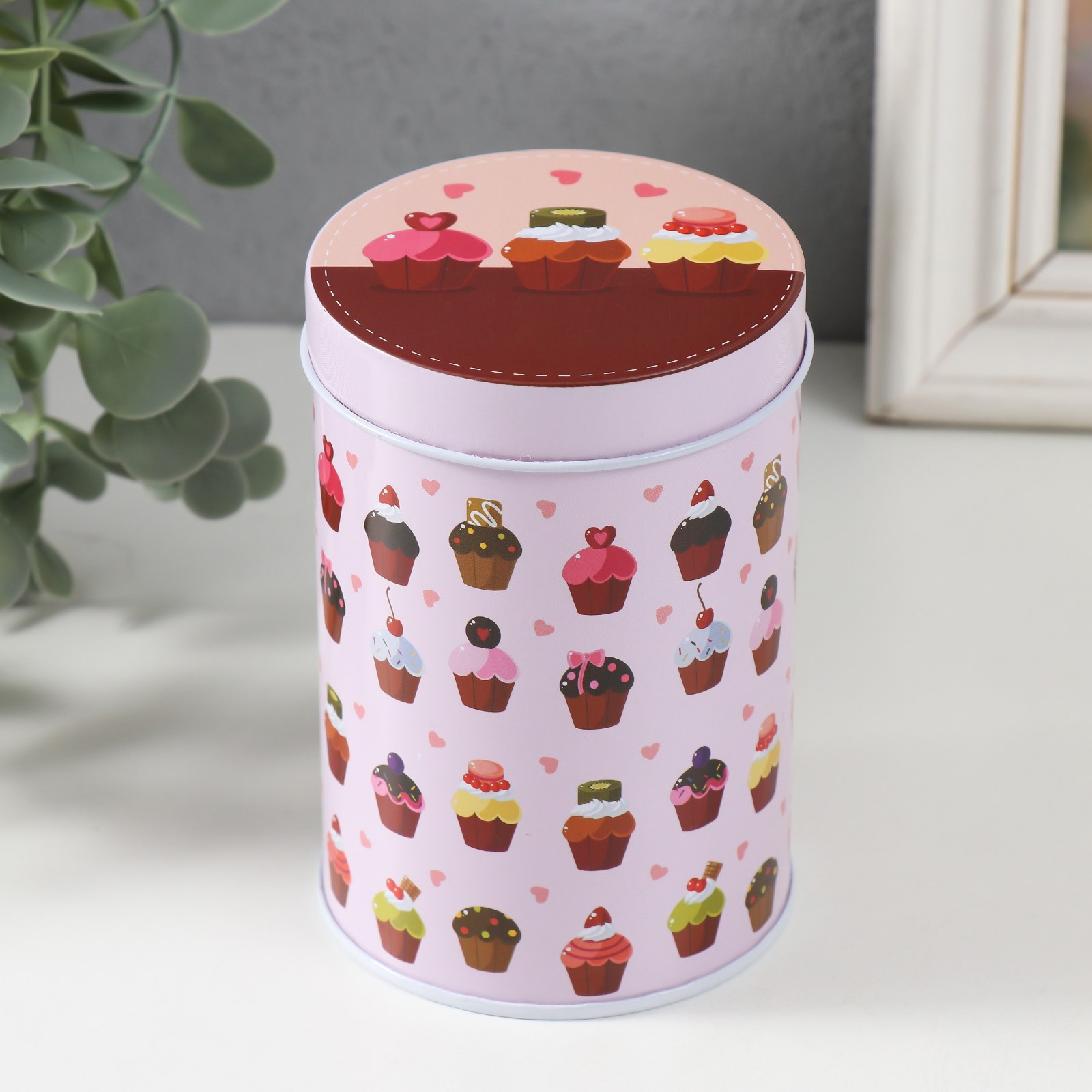 Изображение товара Шкатулка цилиндр «Кексики» SIMALAND — розовая, металл, 7,5x7,5x11 см