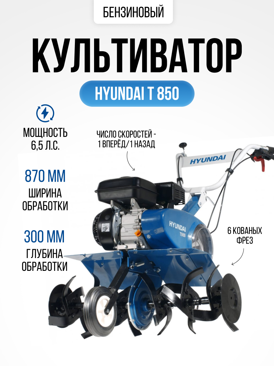 Изображение товара Бензиновый культиватор Hyundai T 850 6.5 л.с. для обработки почвы шириной 90 см