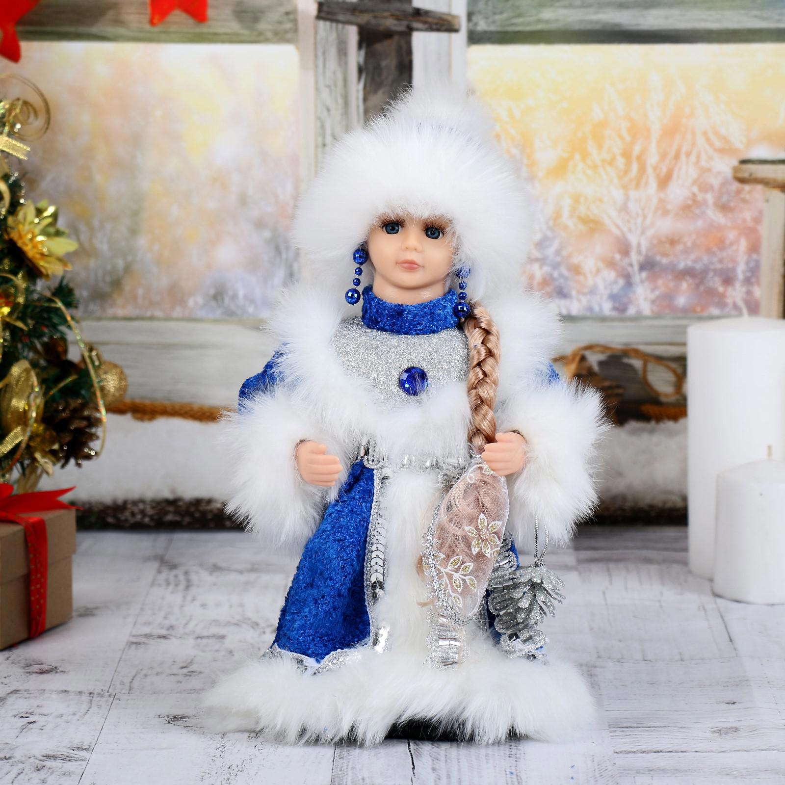 Изображение товара Новогодняя фигура Зимнее Волшебство Снегурочка Шик в синей шубке с серёжками двигается 29 см