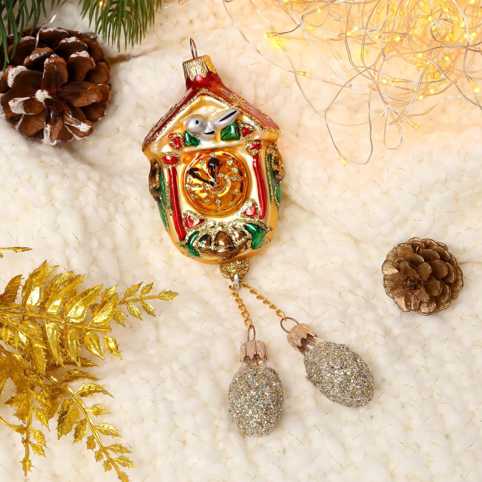 Изображение товара Ёлочная игрушка Часы с шишками 22 см стеклянная разноцветная рождественская украшение