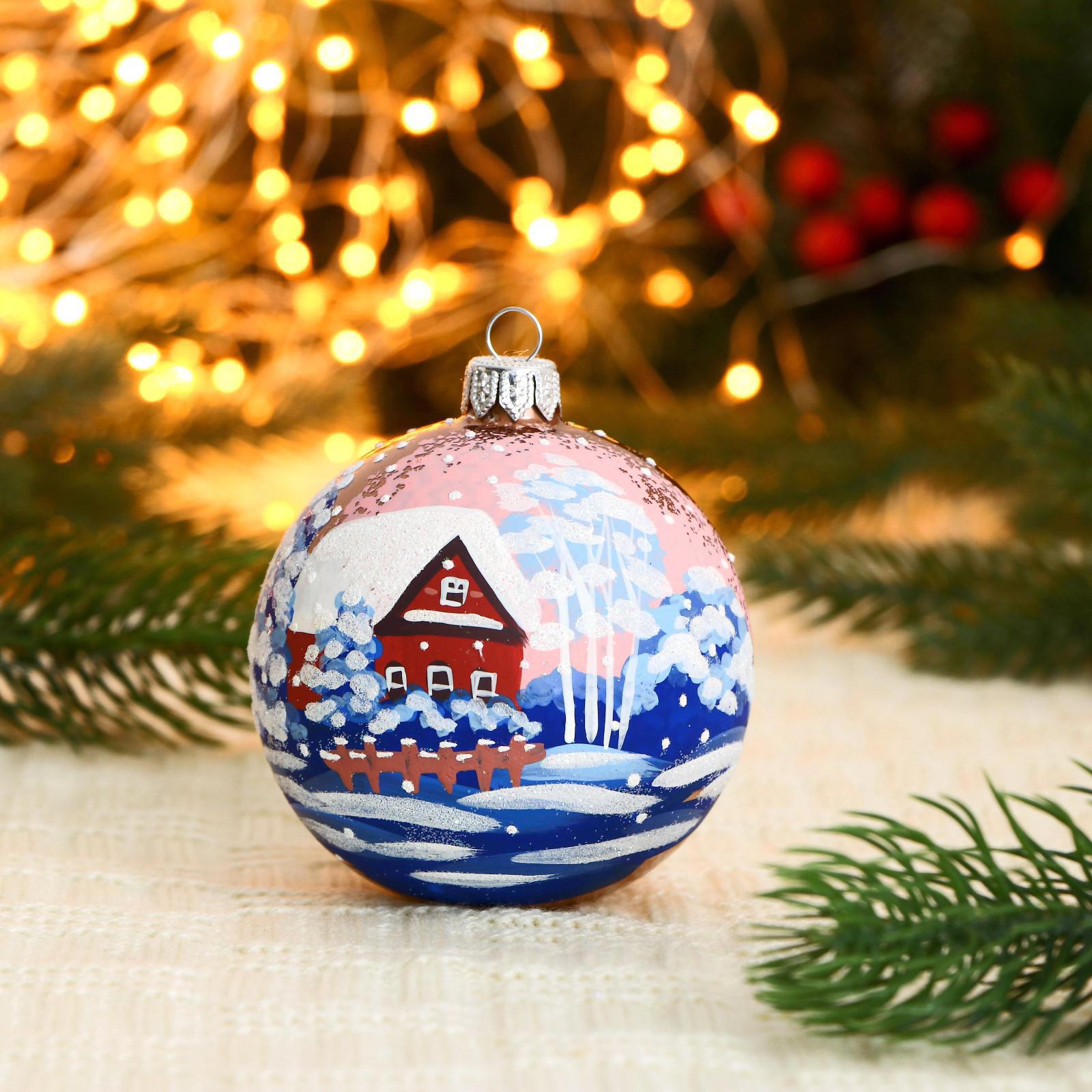 Изображение товара Елочный шар Винтажный шар 7077100 ФБО Зима на селе 8 см стекло синий