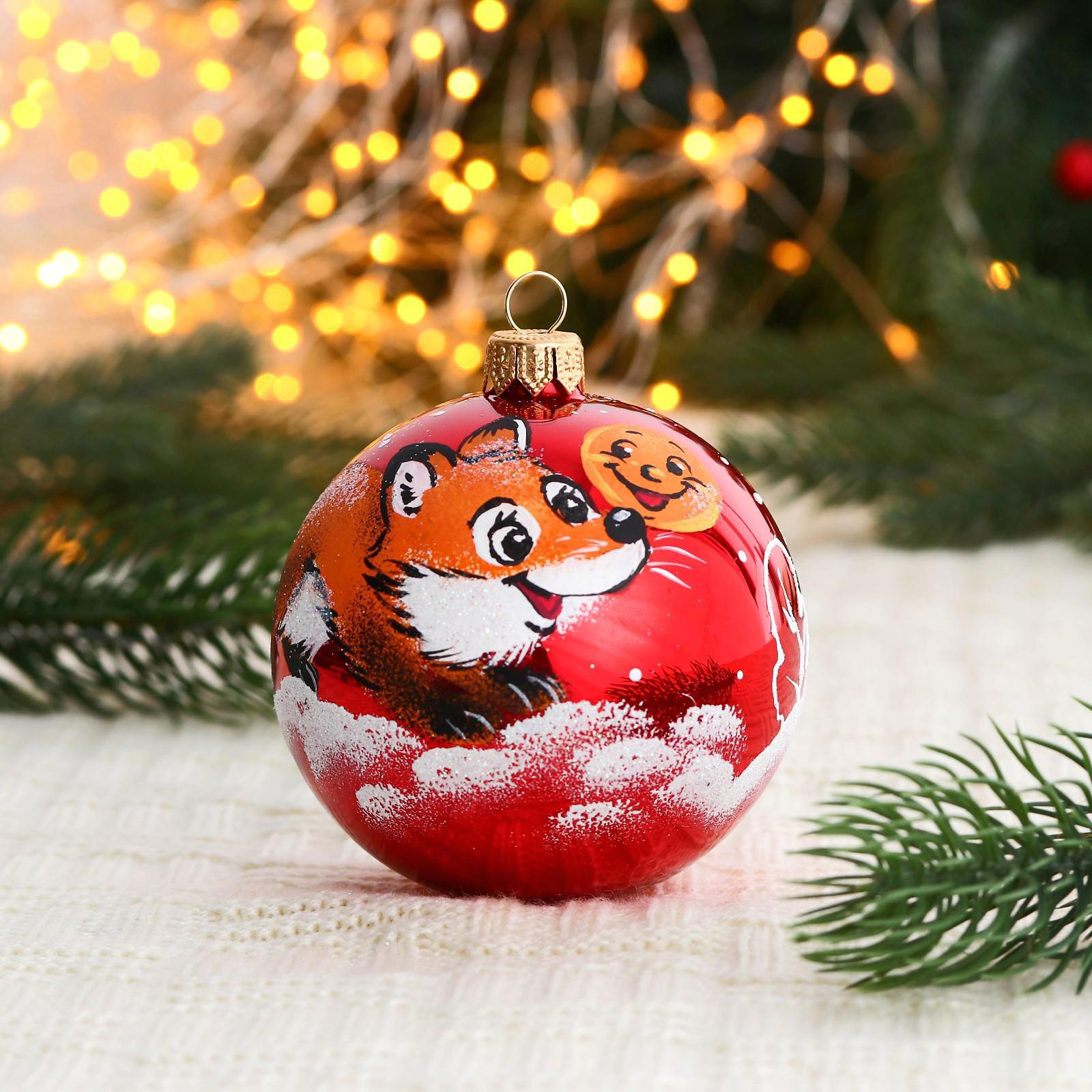 Изображение товара Елочный шар Винтажный шар 7077092 ФБО Лиса и колобок 8 см стекло красный