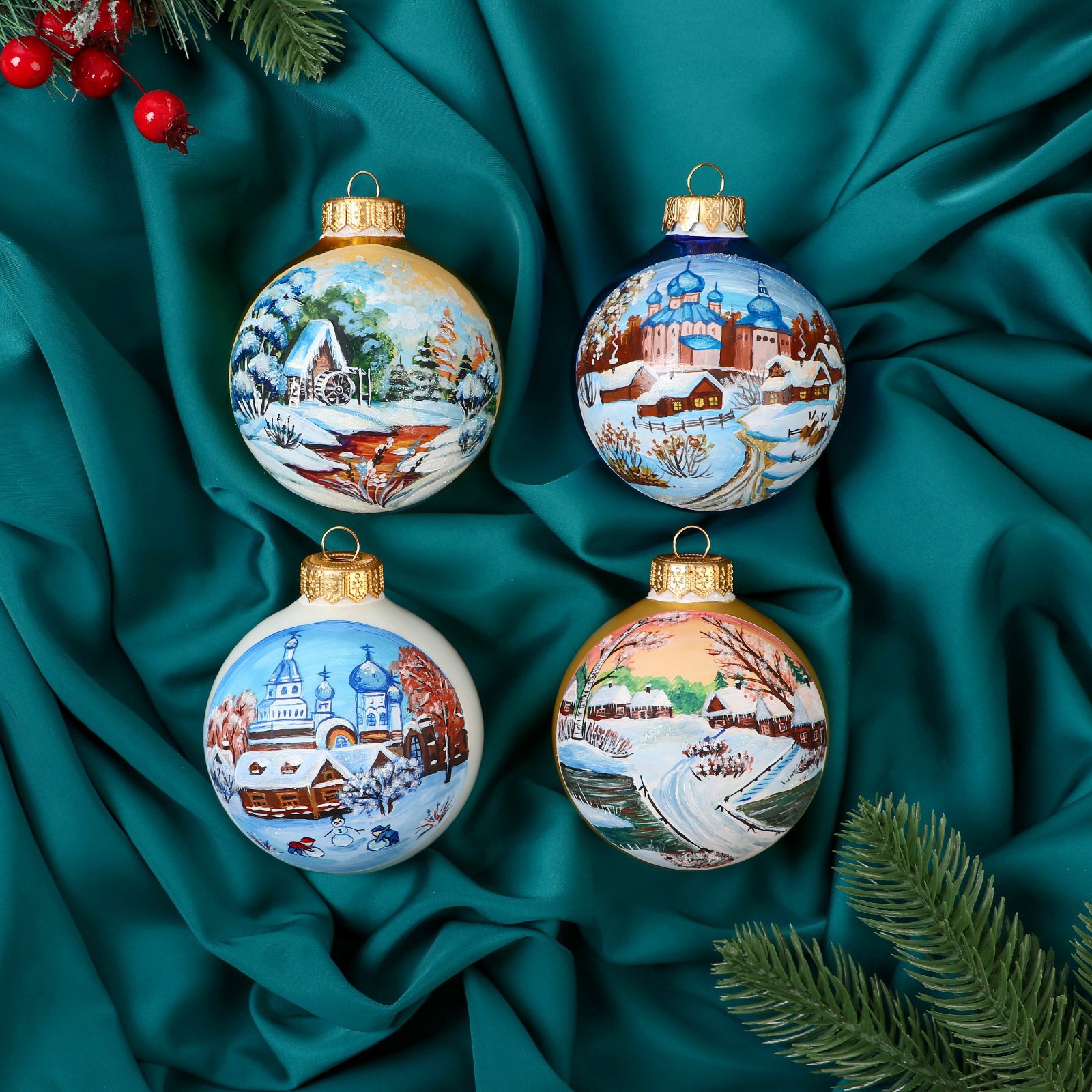 Изображение товара Набор елочных шаров Ферма радости 4 шт разноцветные стеклянные 8 см для новогоднего декора