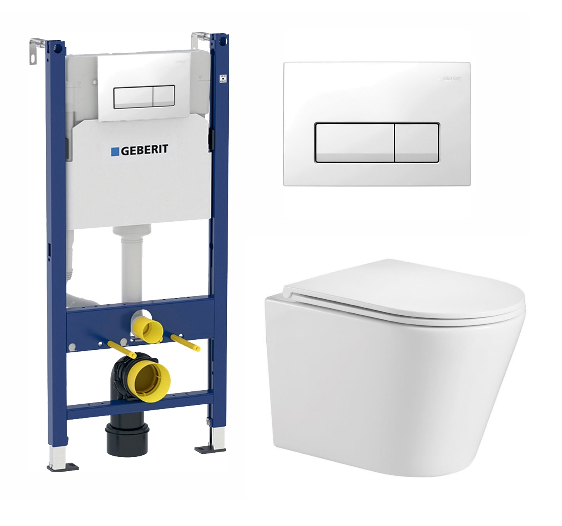 Изображение товара Комплект 3 в 1 инсталляция Geberit Duofix с подвесным унитазом WeltWasser Salzbach 041 GL-WT, кнопка белая Изображение товара Комплект 3 в 1 инсталляция Geberit Duofix с подвесным унитазом WeltWasser Salzbach 041 GL-WT, кнопка белая