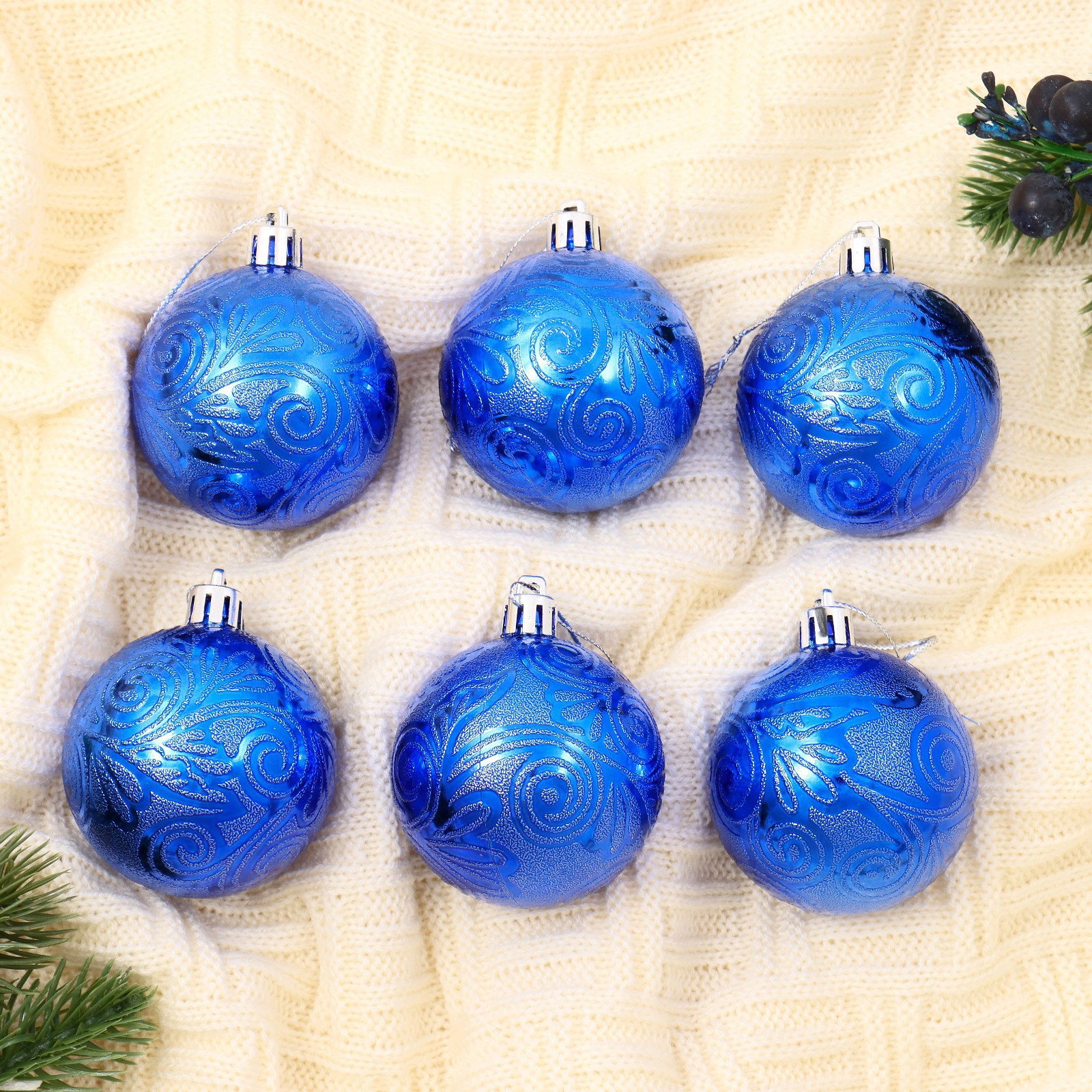 Изображение товара Набор елочных шаров Зимнее волшебство кружевной узор 6 см 6 шт синий