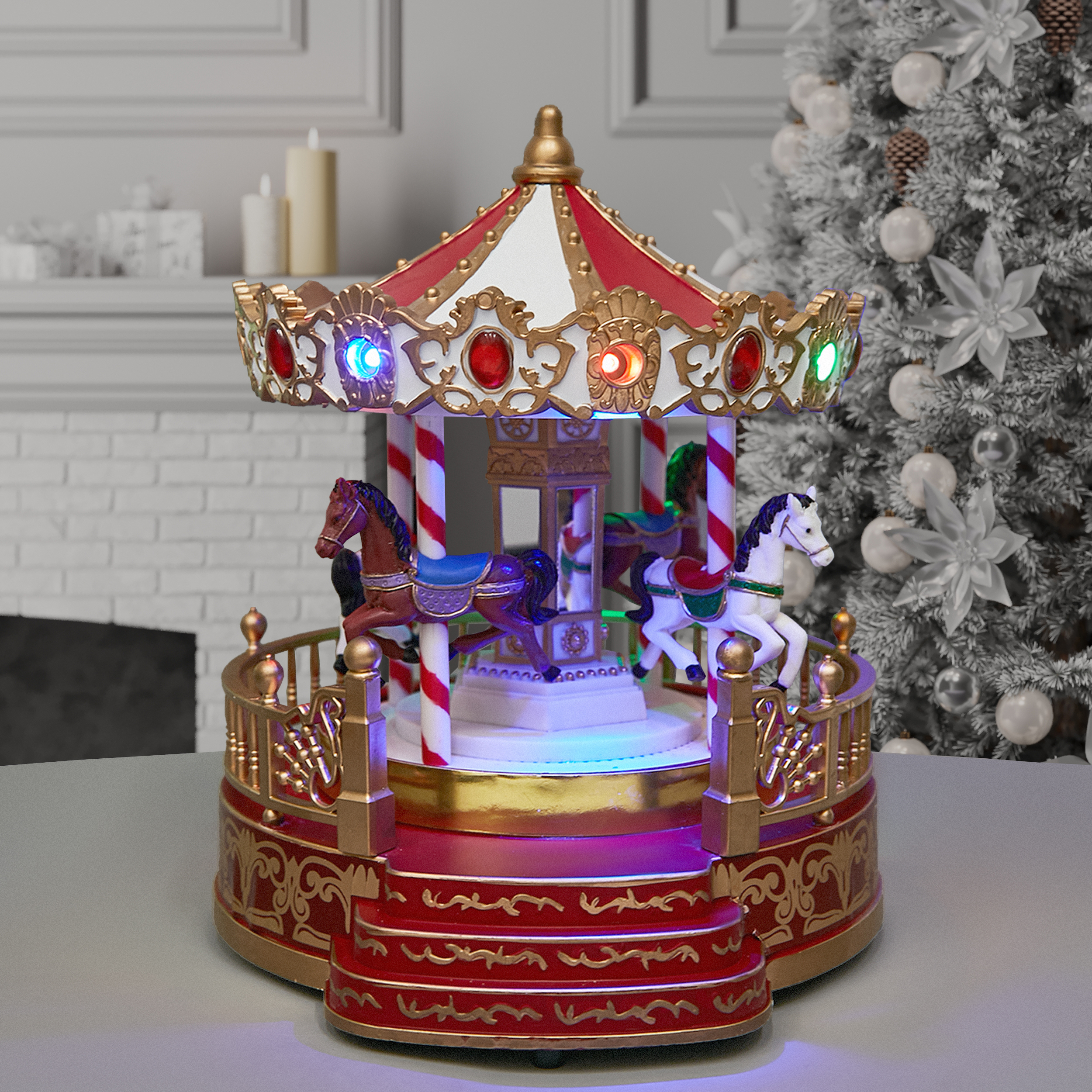 Изображение товара Новогодняя светодиодная карусель с движущимися фигурками и музыкой 22.5 см