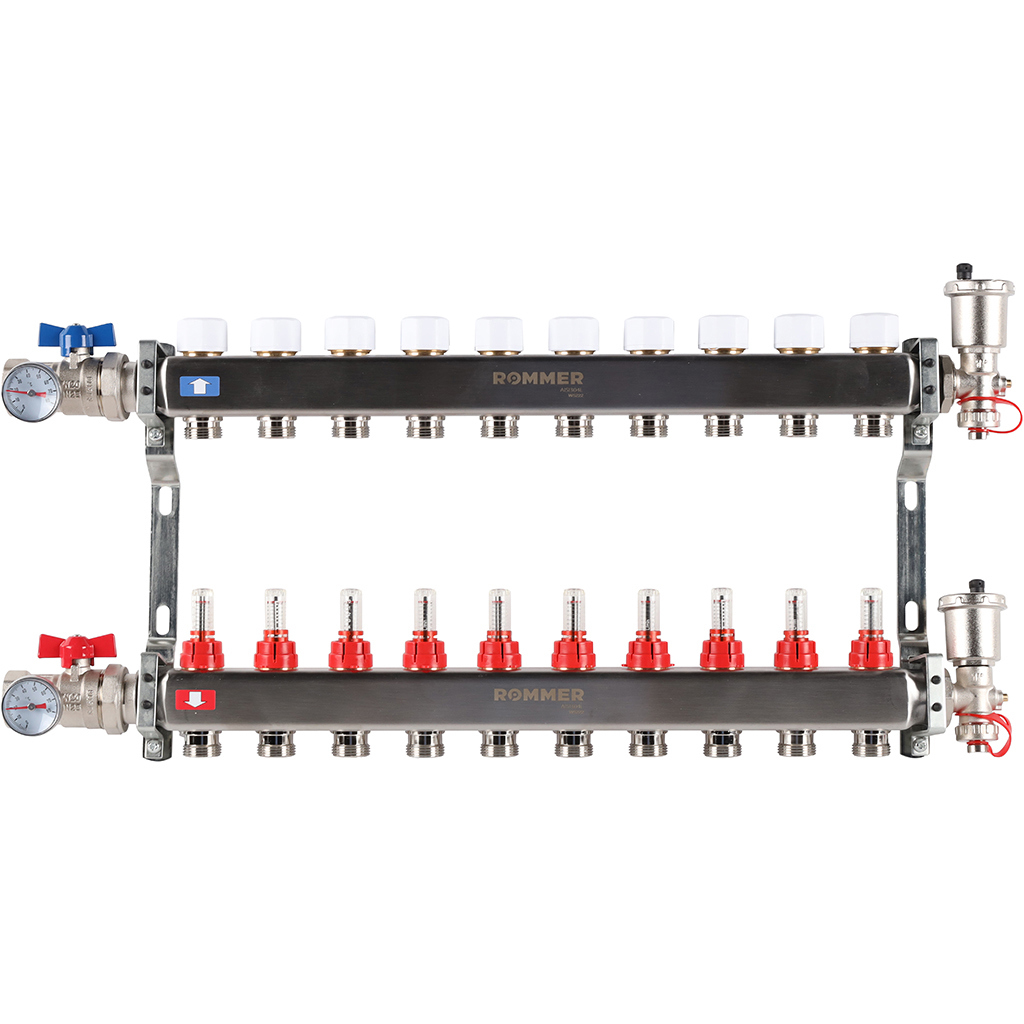 Изображение товара Коллектор в сборе для теплого пола Rommer 10 выходов нержавеющая сталь RMS-1210