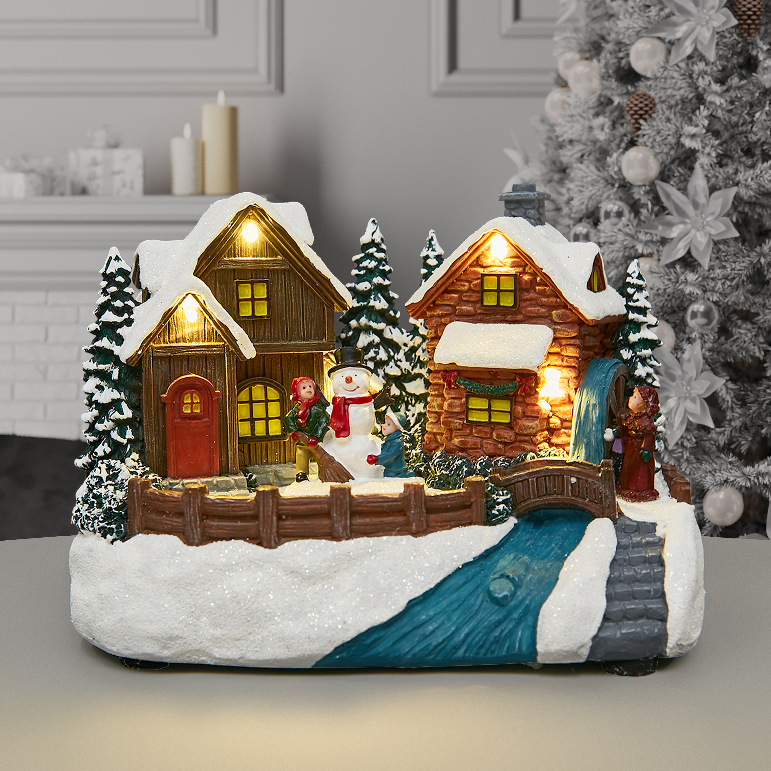 Изображение товара Новогодняя светодиодная композиция Дети со снеговиком 13,5 см с музыкой