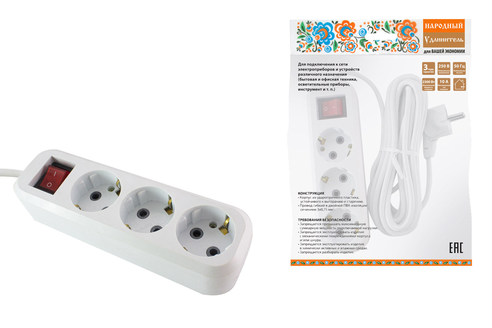 Изображение товара Удлинитель бытовой Tdm electric SQ1303-1104 3 розетки с заземлением 3x0.75 мм 10 м 2200 Вт цвет белый