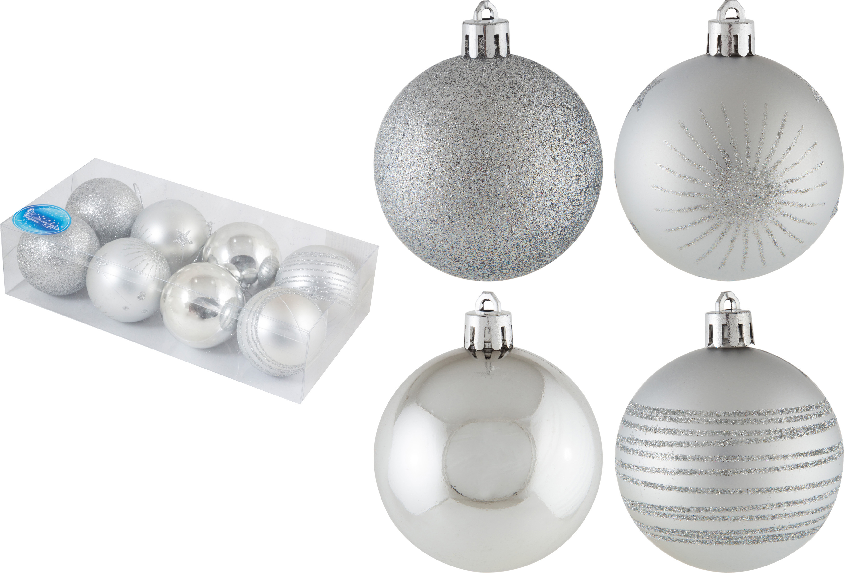 Изображение товара Набор елочных шаров Волшебная страна 003378 Sycb17-538 6 см пластик серый/серебристый 8 шт