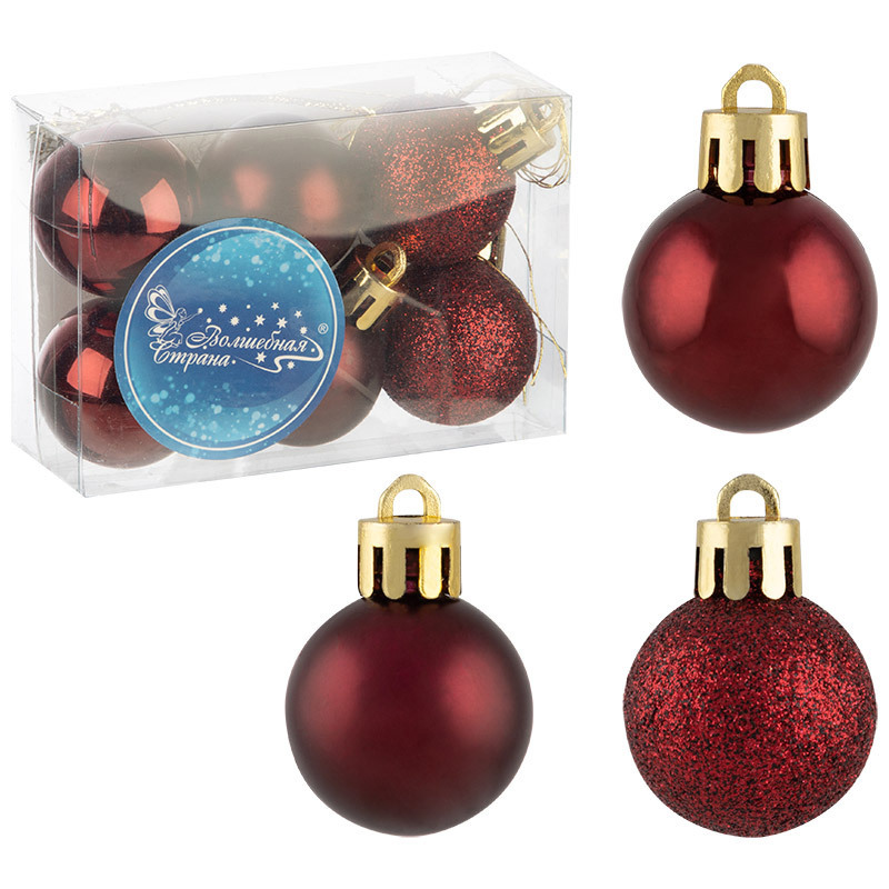 Изображение товара Набор елочных шаров Волшебная страна 6 шт винный-красный 3 см глянцевый и матовые