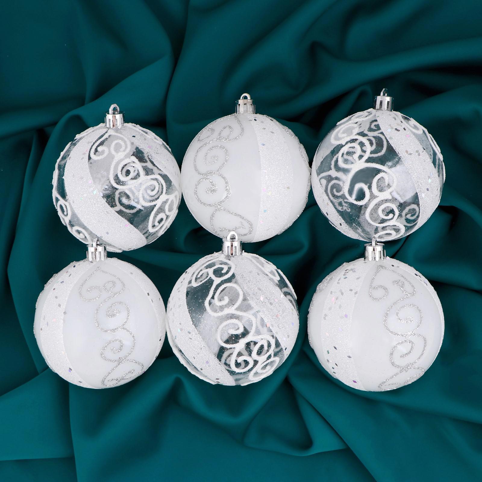 Изображение товара Набор елочных шаров Зимнее волшебство 8 см 6 шт белый ажурные завитки