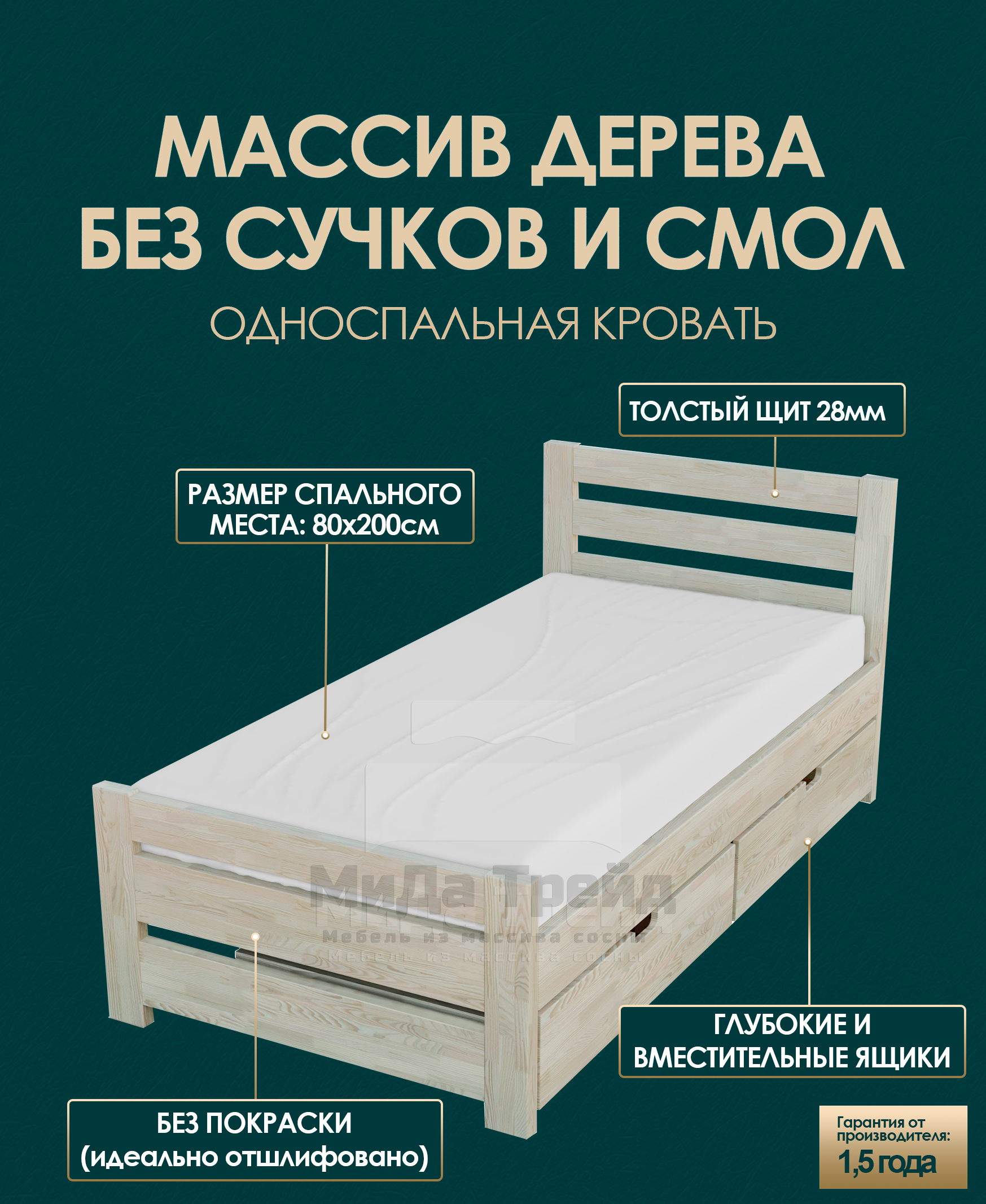 Изображение товара Кровать с 2 ящиками Мида трейд Амелия-3 А3-03 80x200 см дерево цвет светло-бежевый