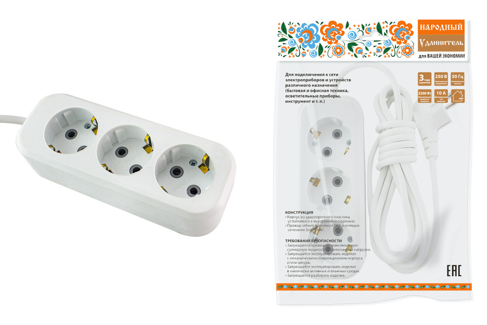 Изображение товара Удлинитель бытовой Tdm electric SQ1303-1040 3 розетки с заземлением 3x0.75 мм 1.5 м 2200 Вт цвет белый