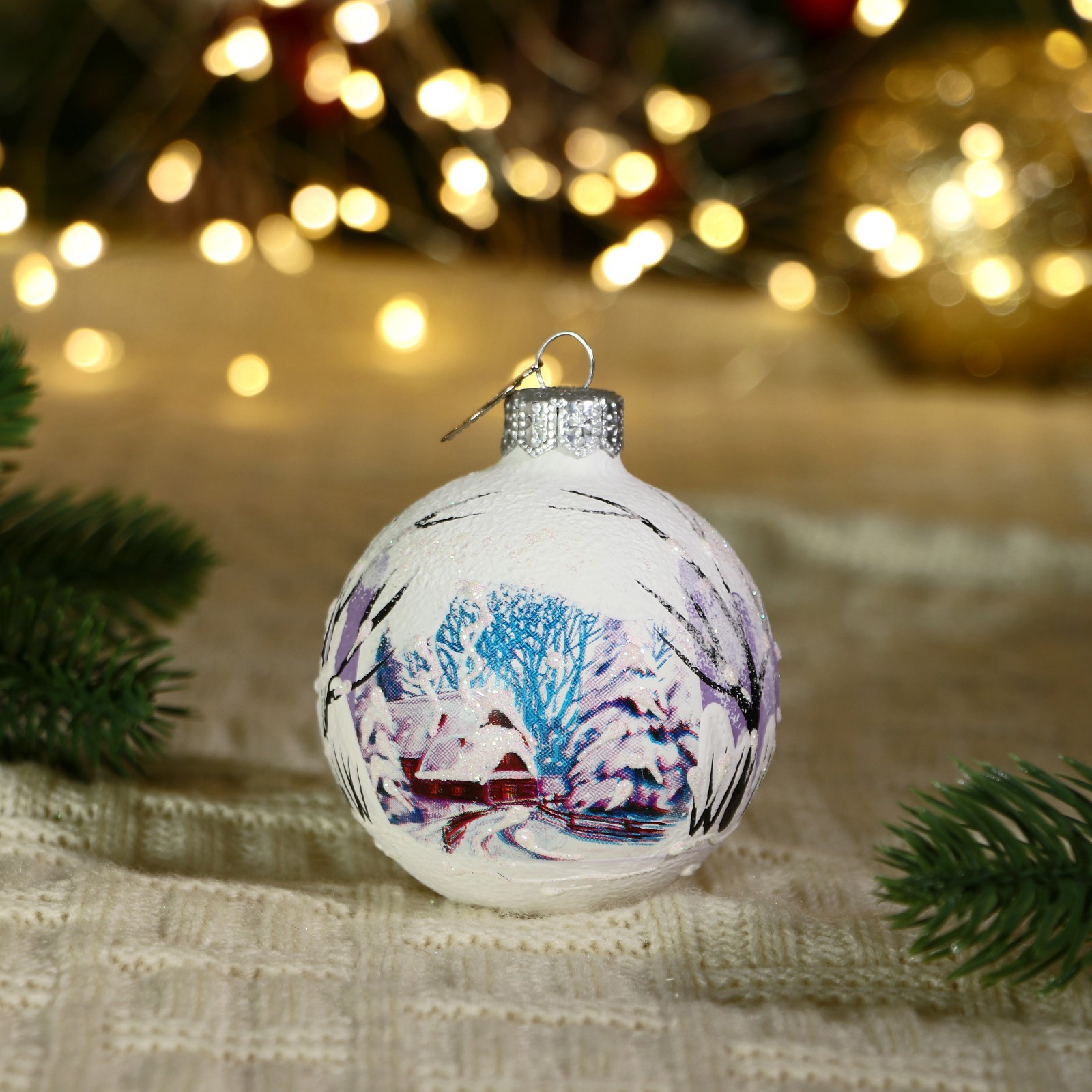 Изображение товара Елочный шар Simaland 10111137 Снежная зима 2 6.5 см стекло белый