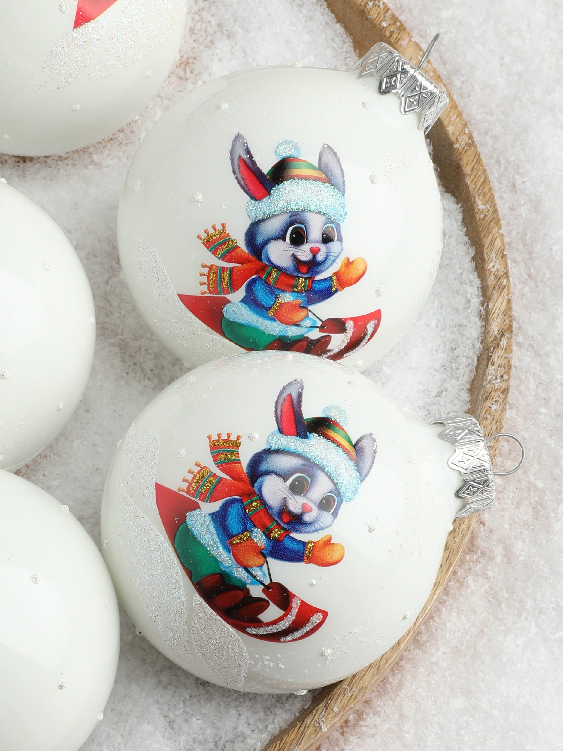 Изображение товара Набор елочных шаров Тд текстиль 142947 Заяц 8 см синтетическое стекло белый 5 шт