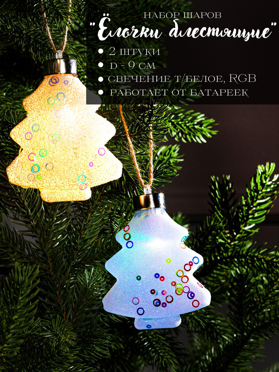 Изображение товара Набор елочных шаров Luazon lighting 5864401 Елочки блестящие 14 см металл и пластик белый 2 шт