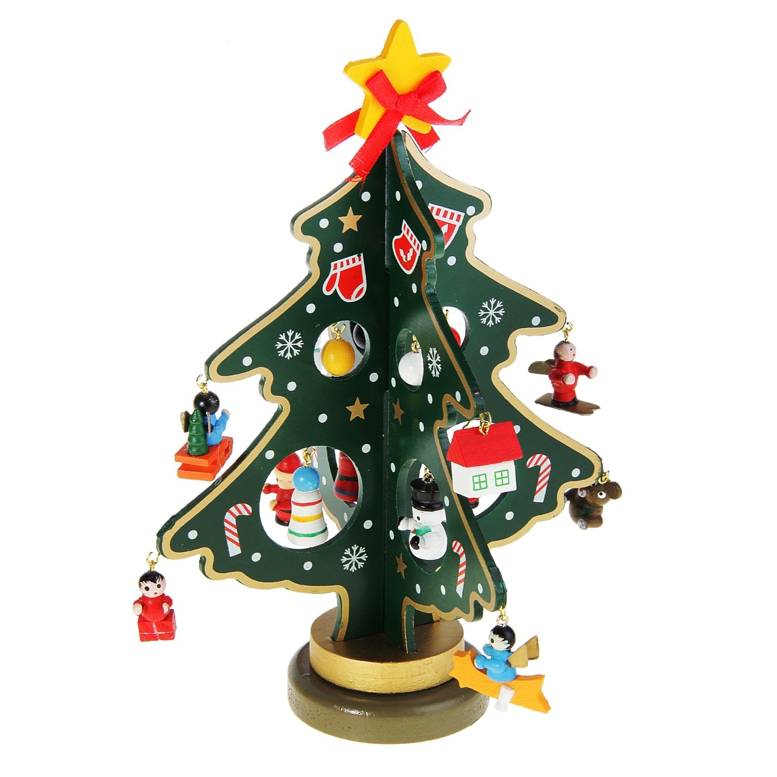 Изображение товара Деревянная Новогодняя Елка на подставке с золотым контуром 20 см