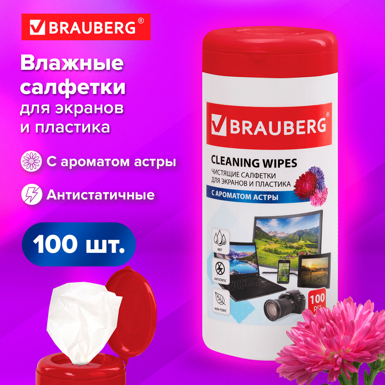 Изображение товара Салфетки для экранов и пластика Brauberg 511689 Астра 100 шт Изображение товара Салфетки для экранов и пластика Brauberg 511689 Астра 100 шт