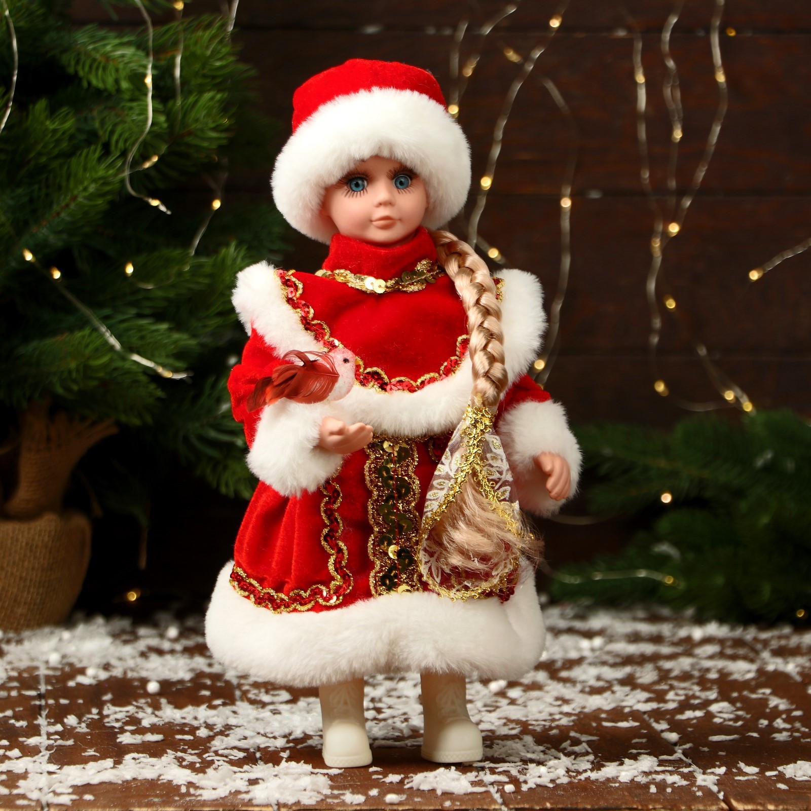 Изображение товара Декоративная фигурка Снегурочка в пышной шубке 14x30 см красная новогодний декор