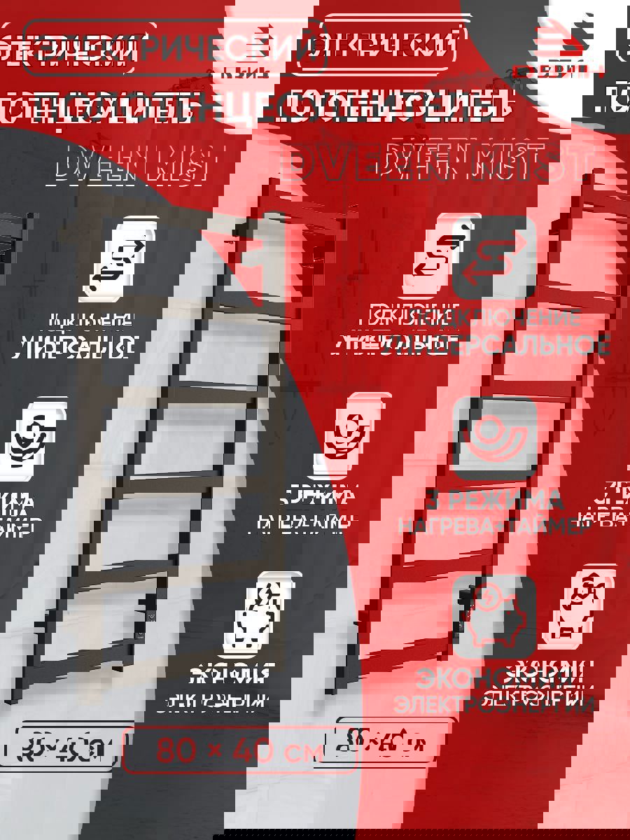 Изображение товара Полотенцесушитель электрический Двин Mist 400x800 мм 68 Вт лесенка цвет черный матовый