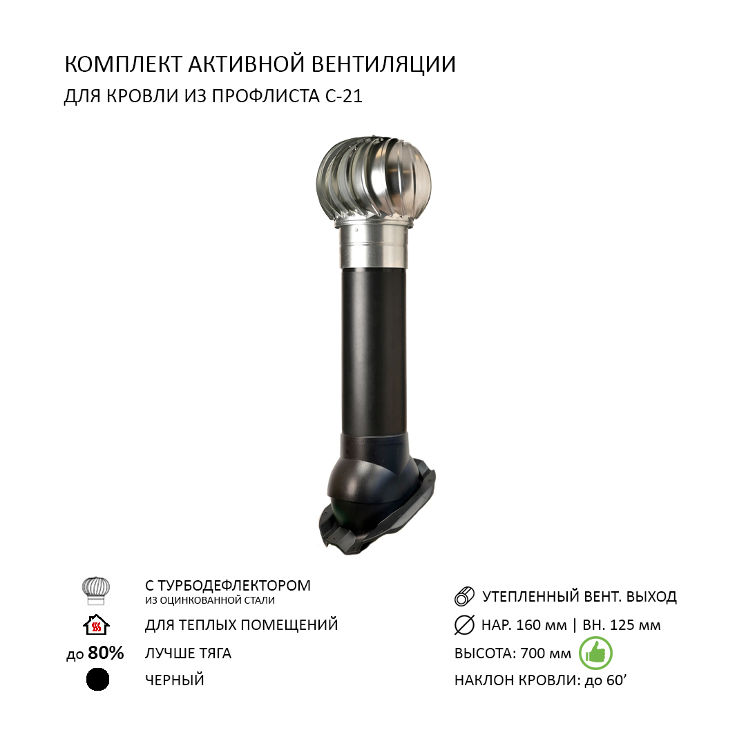 Изображение товара Турбодефлектор Polivent TD160 ОЦ утепленный Н700 для кровли С-21 мм черный